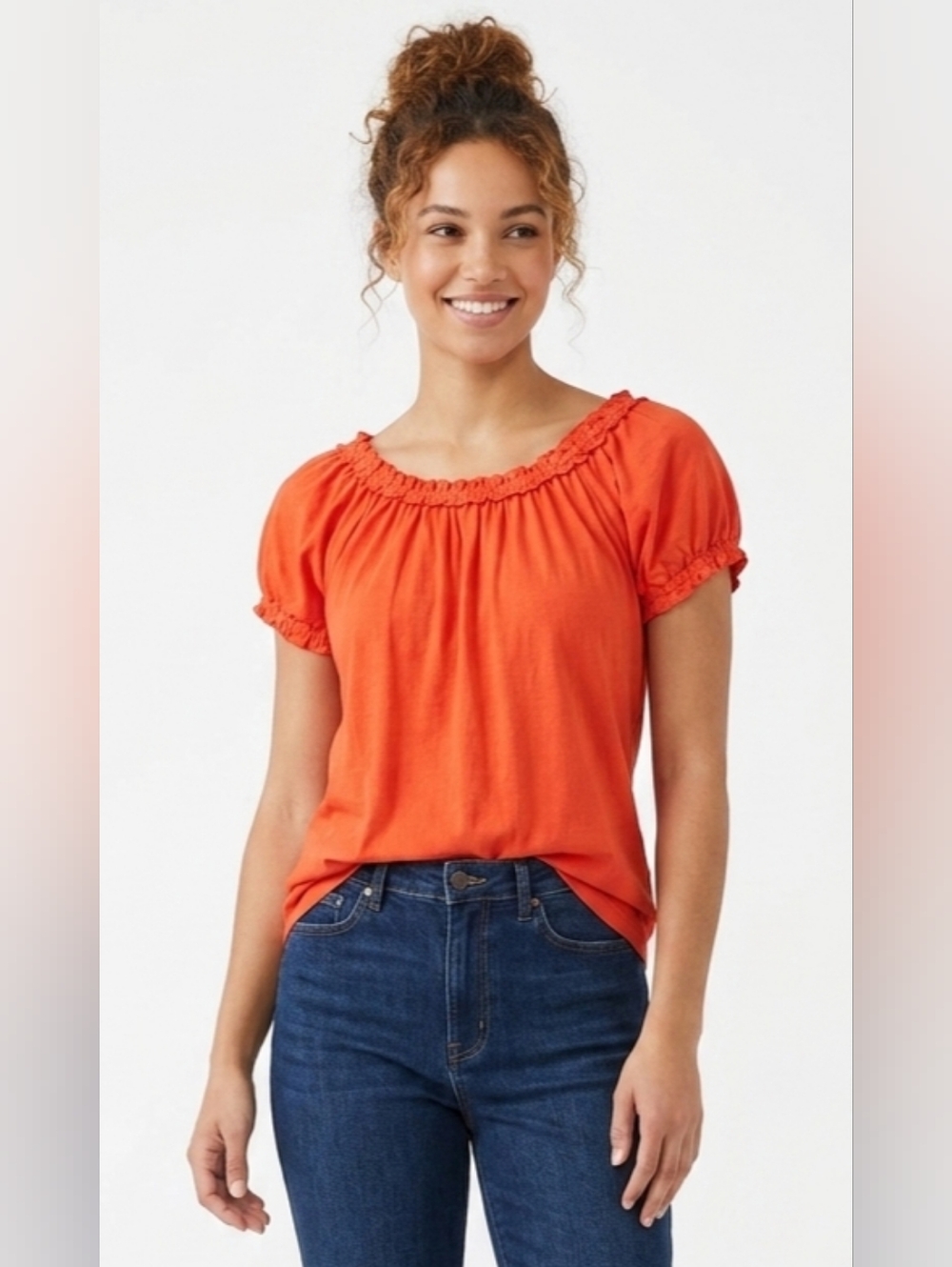 Carmen Marc Valvo Orange Smocked-Neck Short Sleeve Tee Size M